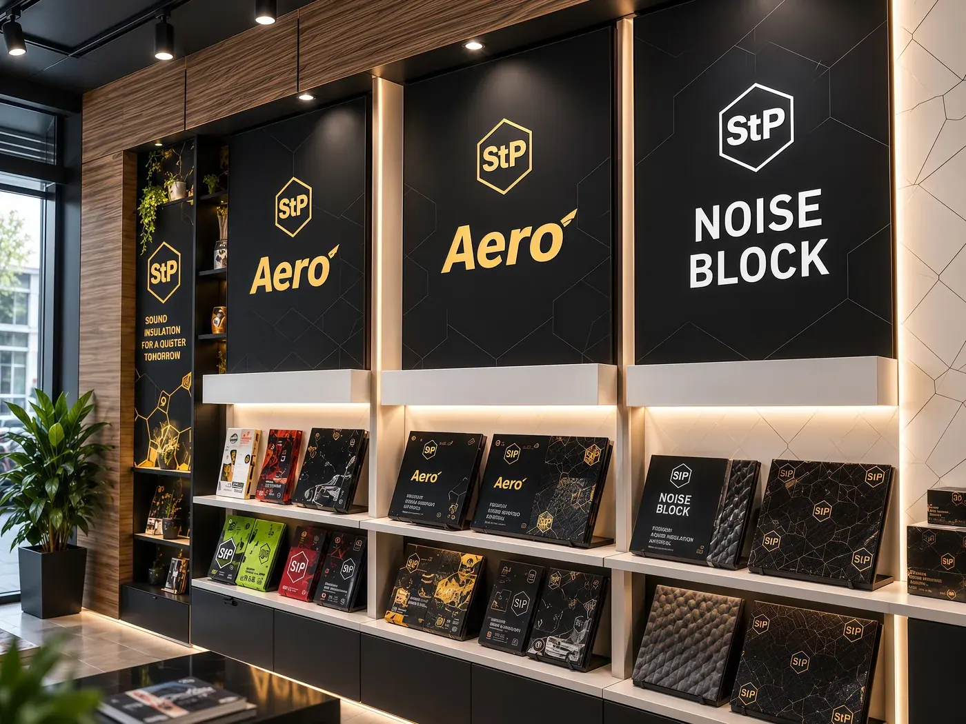 The showroom's product wall — StP Aero and Noise Block displays above shelves of material samples